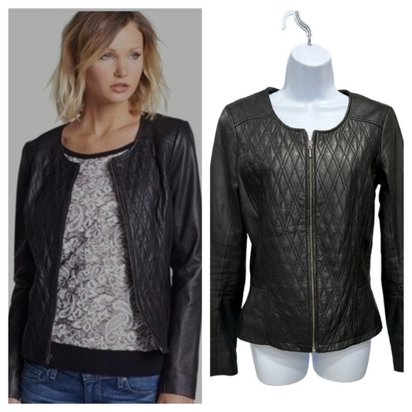 HINGE Quilted Genuine Leather Jacket Zip Black Size S - Picture 3 of 17